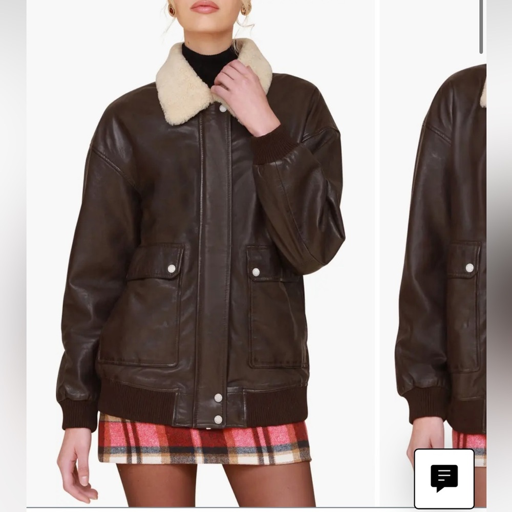 AVEC LE FILLES OVERSIZE LEATHER BOMBER JACKET WITH GENUINE SHEARLING COLLAR SZ S